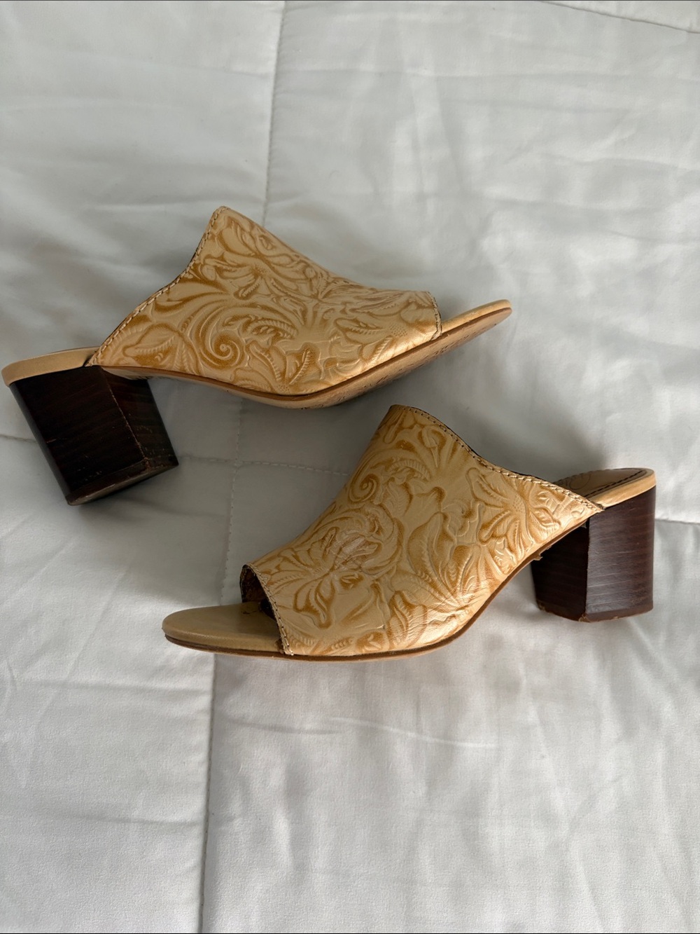 Patricia Nash Metallic Gold Embossed Open-Toe Block Heel Mules